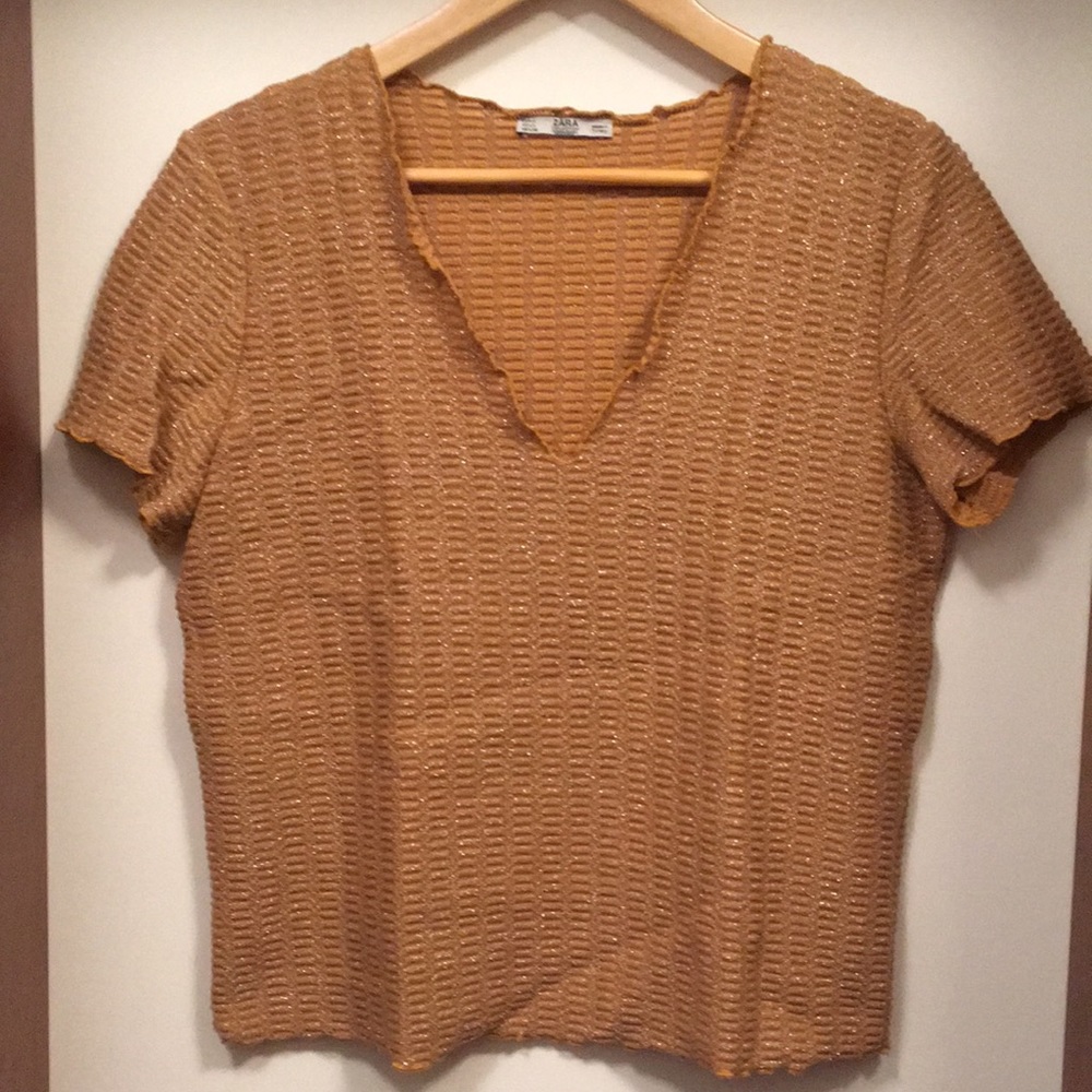 ZARA V-Cut Top in Gold Color w/Sparkly Silver Tinsel Weave Size L